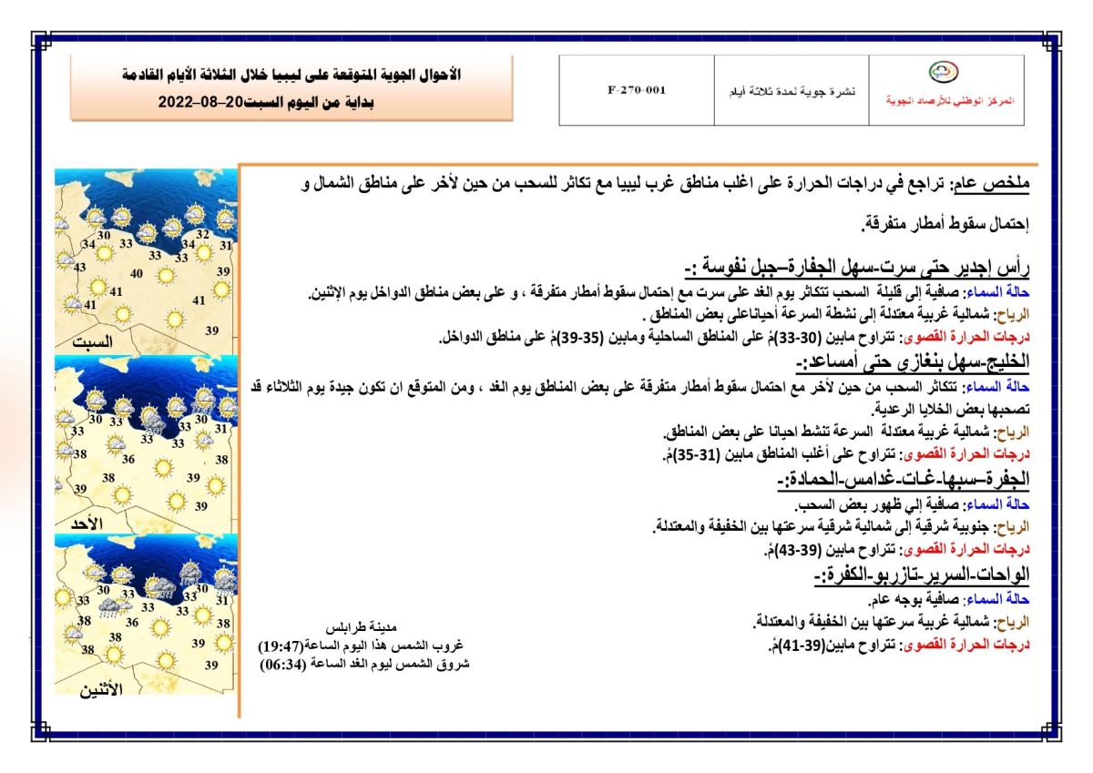 النشرة الجوية ليوم السبت الموافق 20 – 08 – 2022 الصادرة عن المركز الوطني للأرصاد الجوية