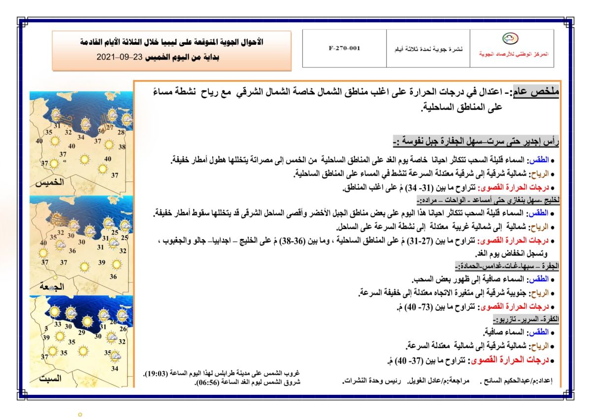 النشرة الجوية ليوم الخميس الموافق 23– 09 – 2021 الصادرة عن المركز الوطني للأرصاد الجوية