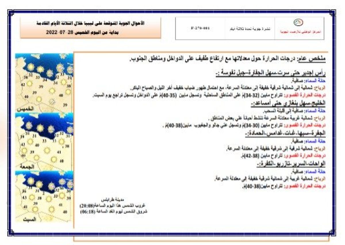 النشرة الجوية ليوم الخميس الموافق 28 – 07 – 2022 الصادرة عن المركز الوطني للأرصاد الجوية