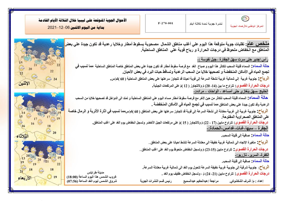 النشرة الجوية ليوم الاثنين الموافق 06 – 12 – 2021 الصادرة عن المركز الوطني للأرصاد الجوية