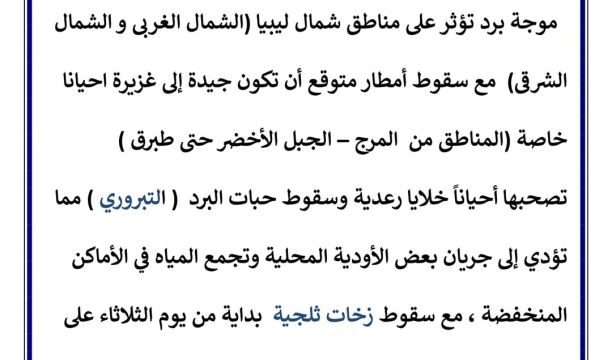 النشرة الجوية ليوم الاثنين الموافق 24 – 01 – 2022 الصادرة عن المركز الوطني للأرصاد الجوية