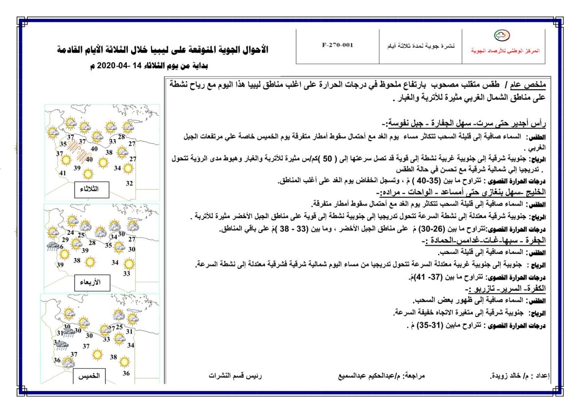 النشرة الجوية ليوم الثلاثاء الموافق 14 – 04 – 2020 الصادرة عن المركز الوطني للأرصاد الجوية