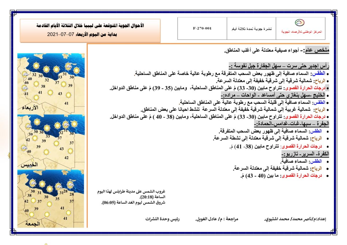 النشرة الجوية ليوم الإربعاء الموافق 07 – 07 – 2021 الصادرة عن المركز الوطني للأرصاد الجوية