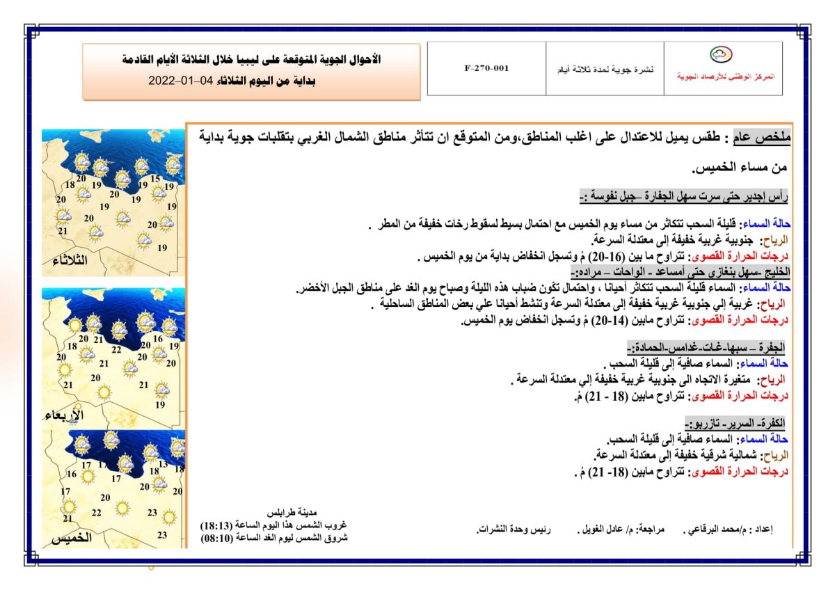 النشرة الجوية ليوم الثلاثاء الموافق 04 – 01 – 2022 الصادرة عن المركز الوطني للأرصاد الجوية