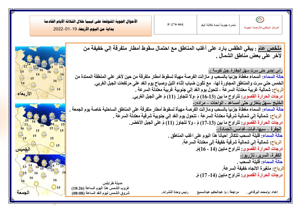 النشرة الجوية ليوم الإربعاء الموافق 19 – 01 – 2022 الصادرة عن المركز الوطني للأرصاد الجوية