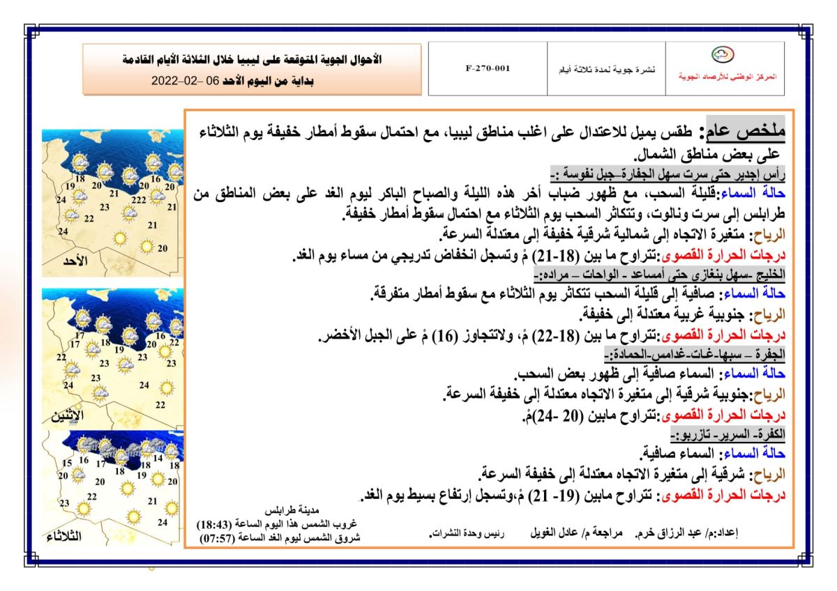 النشرة الجوية ليوم الأحد الموافق 06 – 02 – 2022 الصادرة عن المركز الوطني للأرصاد الجوية