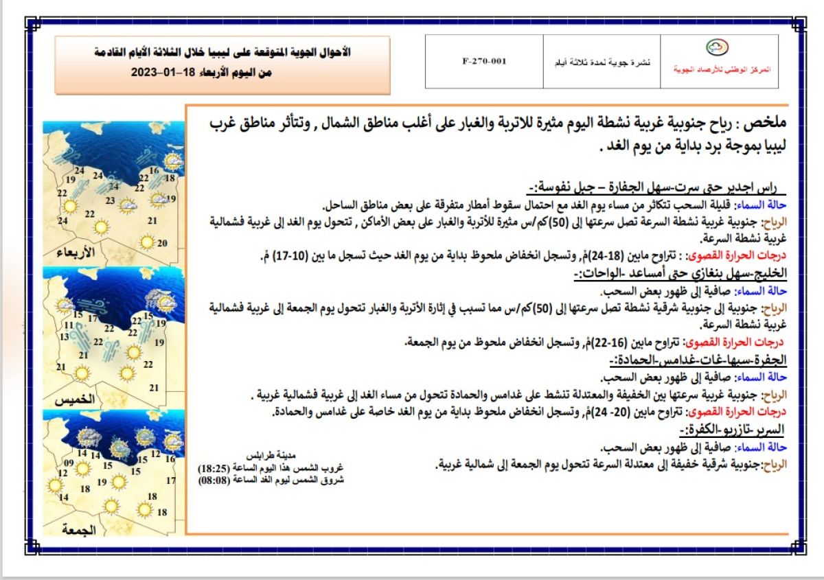 النشرة الجوية ليوم الإربعاء الموافق 18 – 01 – 2023 الصادرة عن المركز الوطني للأرصاد الجوية