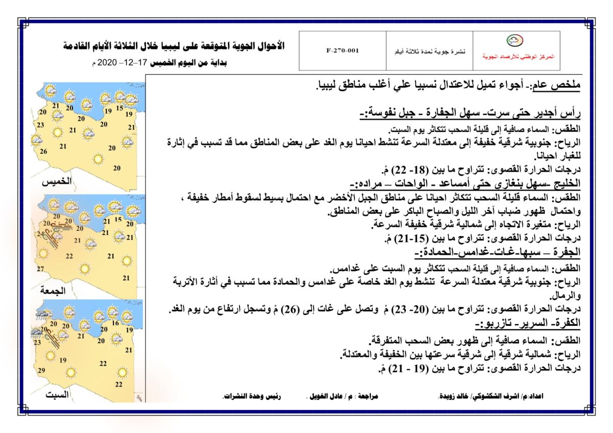 النشرة الجوية ليوم الخميس الموافق 17 – 12 – 2020 الصادرة عن المركز الوطني للأرصاد الجوية
