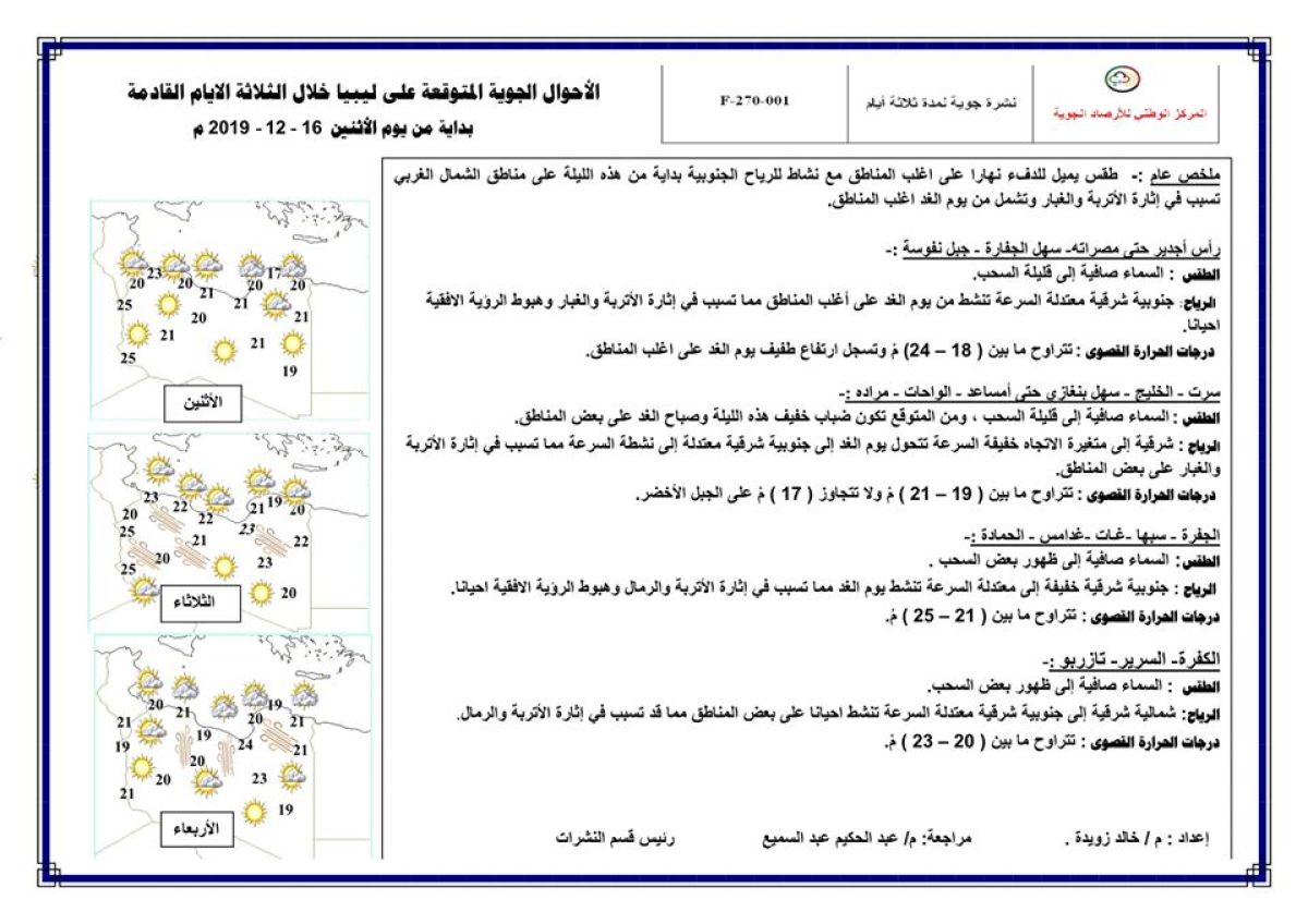 النشرة الجوية ليوم الإثنين الموافق 16 – 12 – 2019 الصادرة عن المركز الوطني للأرصاد الجوية