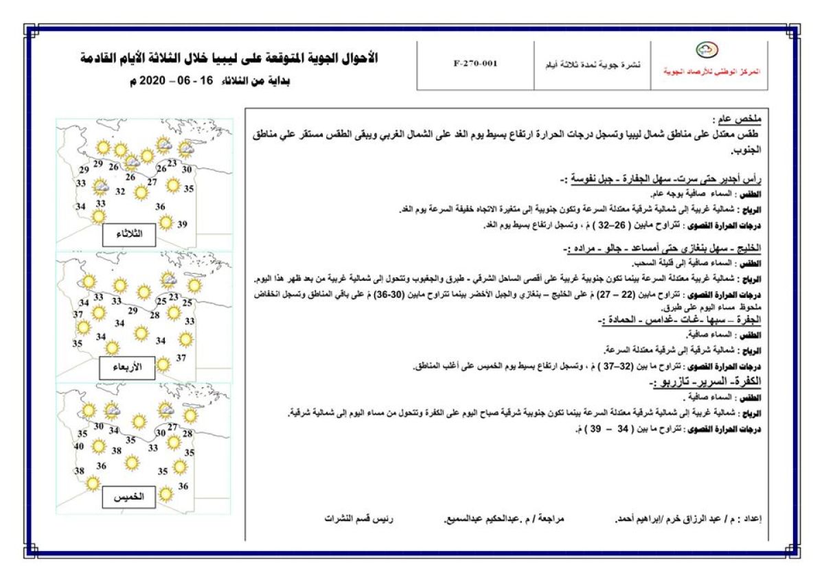 النشرة الجوية ليوم الثلاثاء الموافق 16 – 06 – 2020 الصادرة عن المركز الوطني للأرصاد الجوية