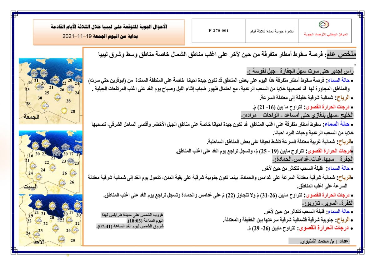 النشرة الجوية ليوم الجمعة الموافق 19 – 11 – 2021 الصادرة عن المركز الوطني للأرصاد الجوية