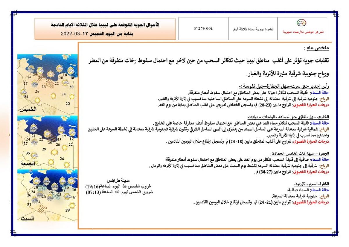 النشرة الجوية ليوم الخميس الموافق 17 – 03 – 2022 الصادرة عن المركز الوطني للأرصاد الجوية