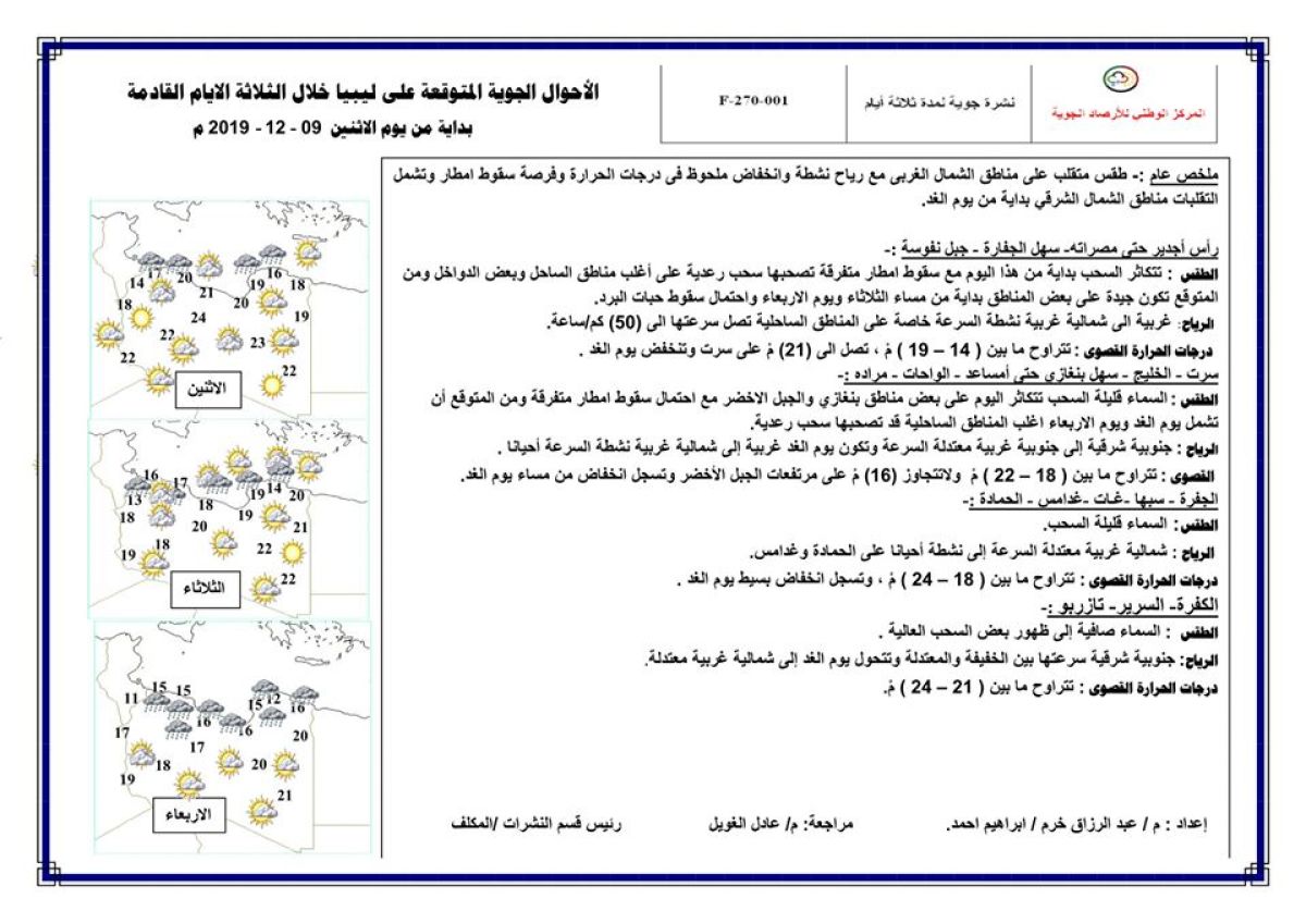 النشرة الجوية ليوم الإثنين الموافق 9 – 12 – 2019 الصادرة عن المركز الوطني للأرصاد الجوية