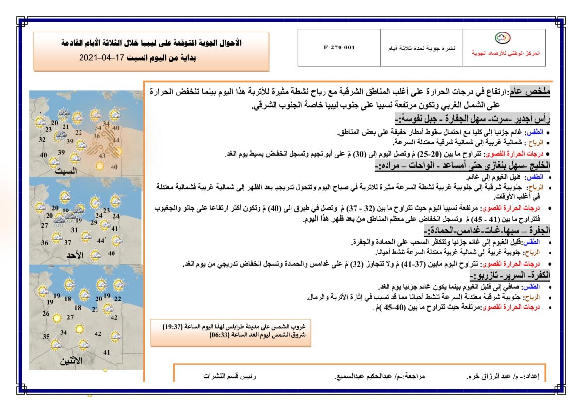 النشرة الجوية ليوم السبت الموافق 17 – 04 – 2021 الصادرة عن المركز الوطني للأرصاد الجوية