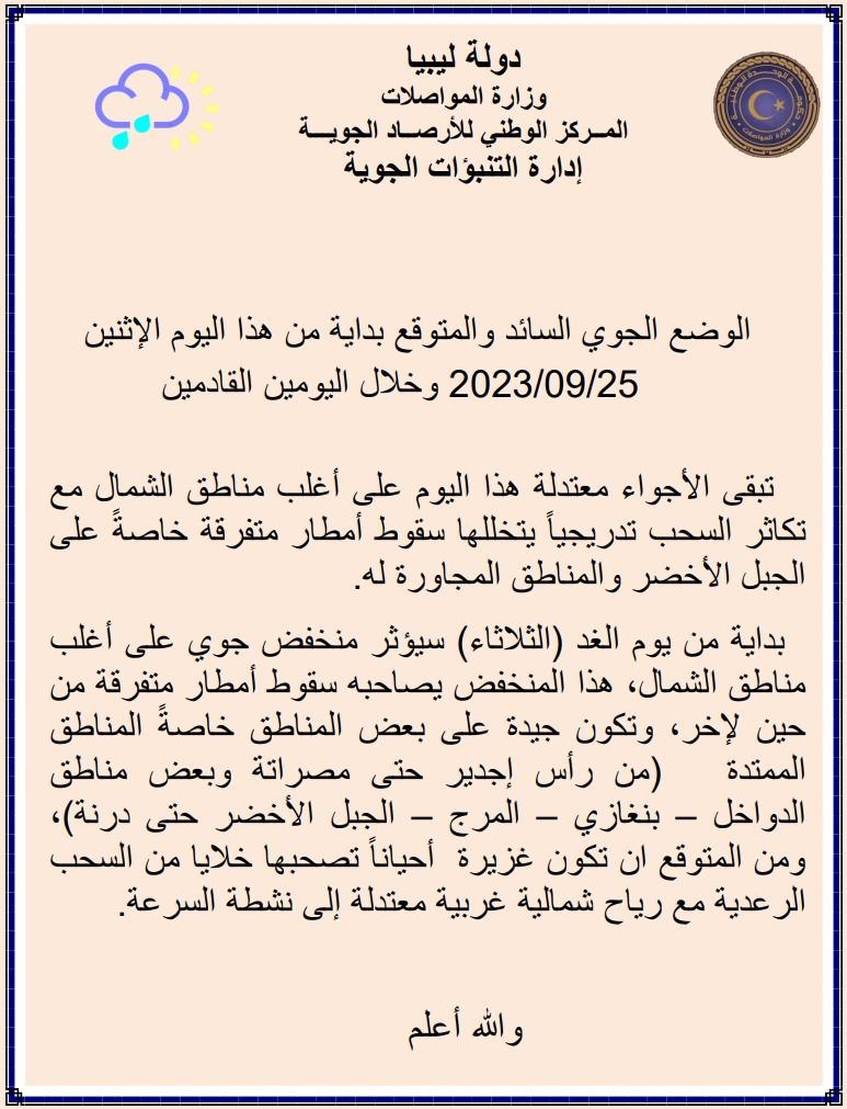 النشرة الجوية ليوم الاثنين الموافق 25 – 09 – 2023 الصادرة عن المركز الوطني للأرصاد الجوية