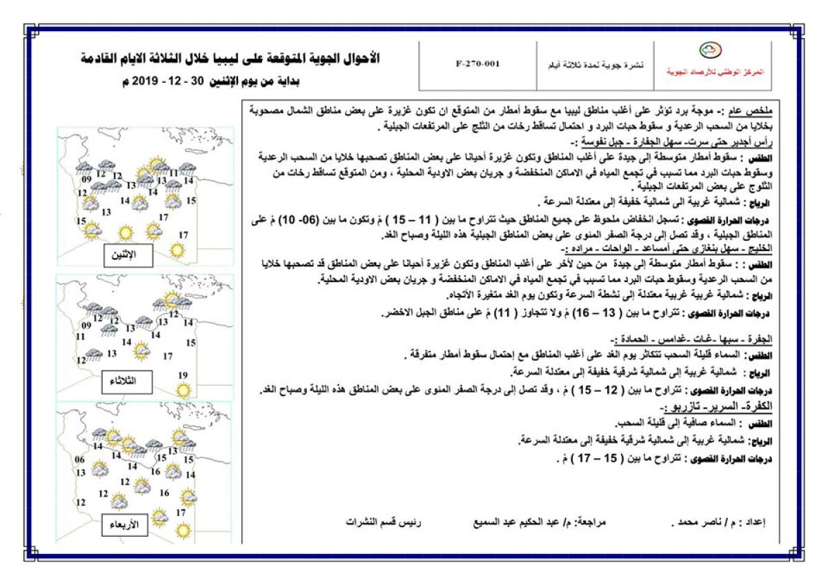 النشرة الجوية ليوم الإثنين الموافق 30 – 12 – 2019 الصادرة عن المركز الوطني للأرصاد الجوية