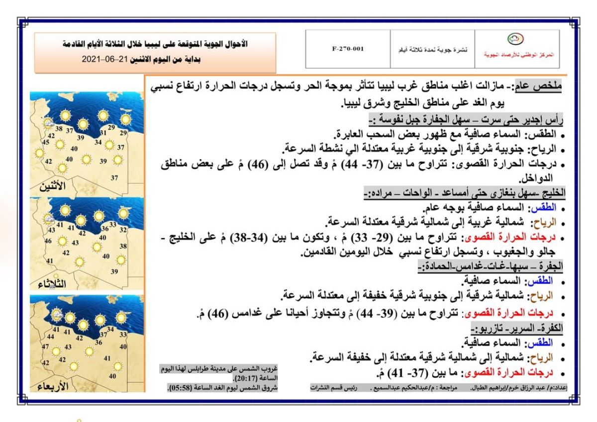 النشرة الجوية ليوم الاثنين الموافق 21 – 06 – 2021 الصادرة عن المركز الوطني للأرصاد الجوية