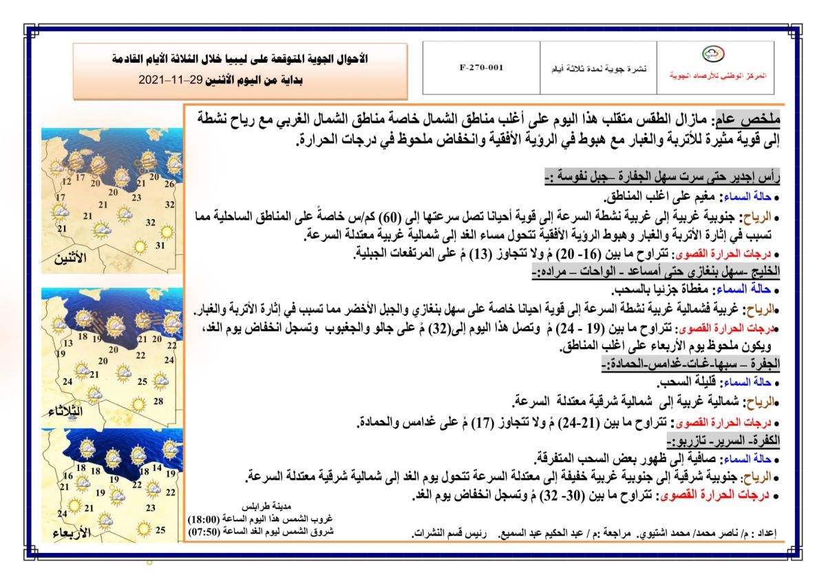 النشرة الجوية ليوم الاثنين الموافق 29 – 11 – 2021 الصادرة عن المركز الوطني للأرصاد الجوية