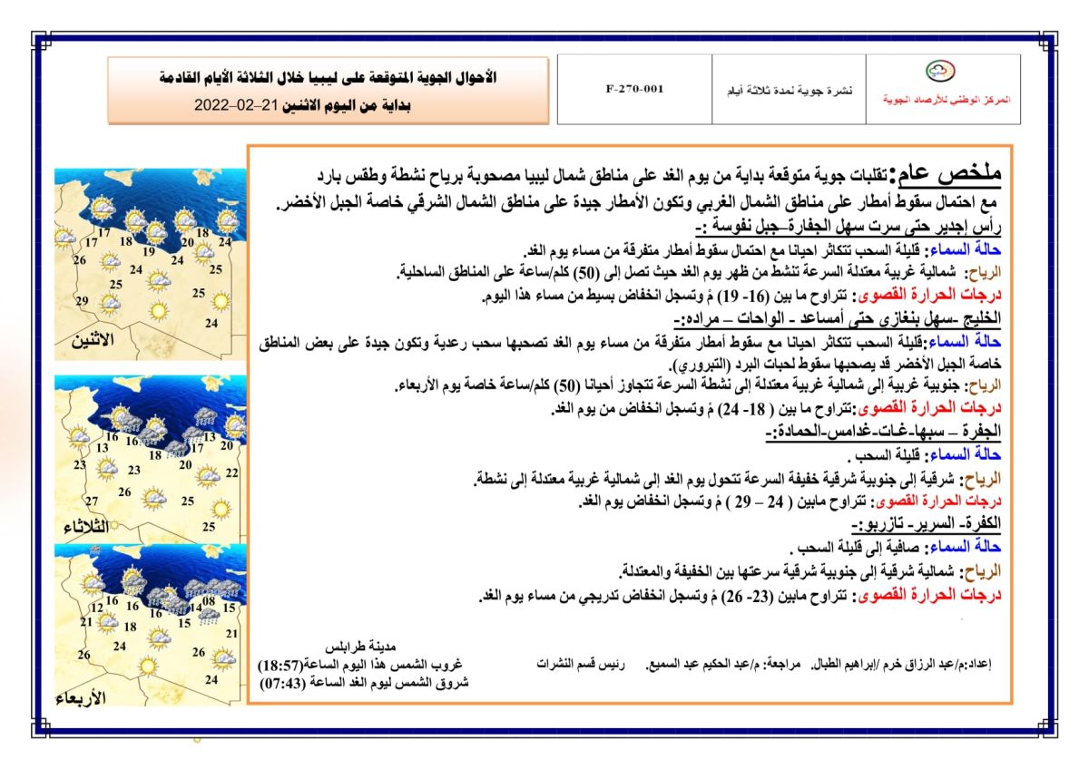 النشرة الجوية ليوم الاثنين الموافق 21 – 02 – 2022 الصادرة عن المركز الوطني للأرصاد الجوية