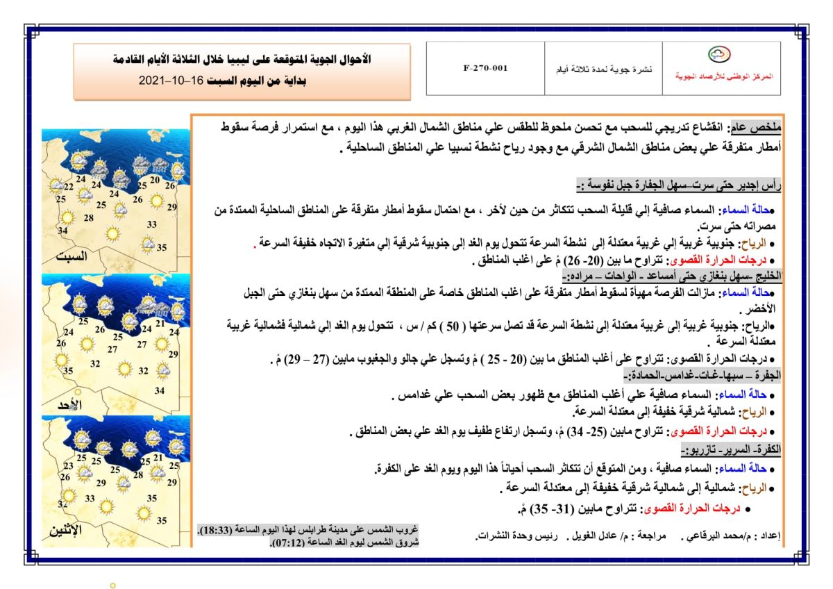 النشرة الجوية ليوم السبت الموافق 16– 10 – 2021 الصادرة عن المركز الوطني للأرصاد الجوية