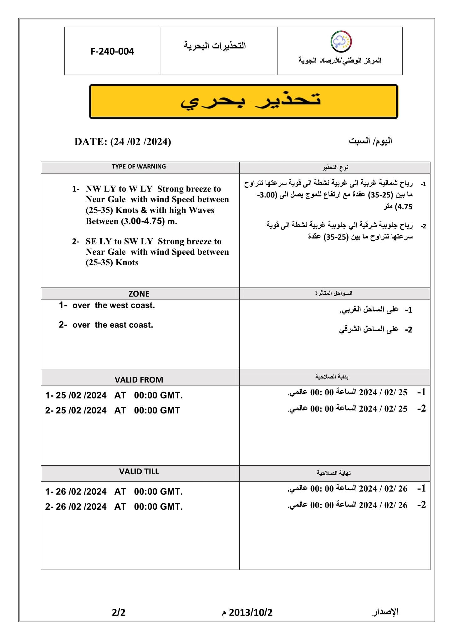 النشرة الجوية ليوم السبت الموافق 24– 02– 2024 الصادرة عن المركز الوطني للأرصاد الجوية