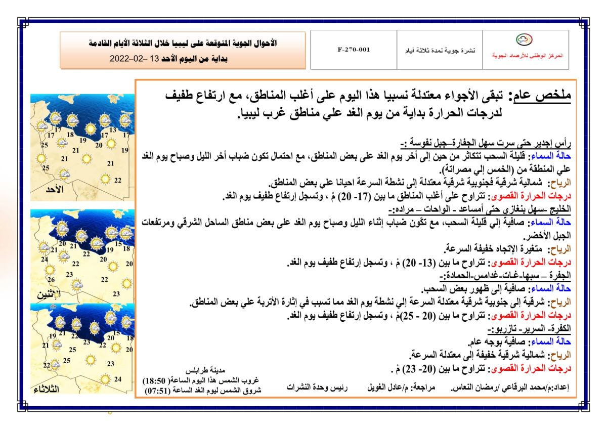 النشرة الجوية ليوم الأحد الموافق 13 – 02 – 2022 الصادرة عن المركز الوطني للأرصاد الجوية