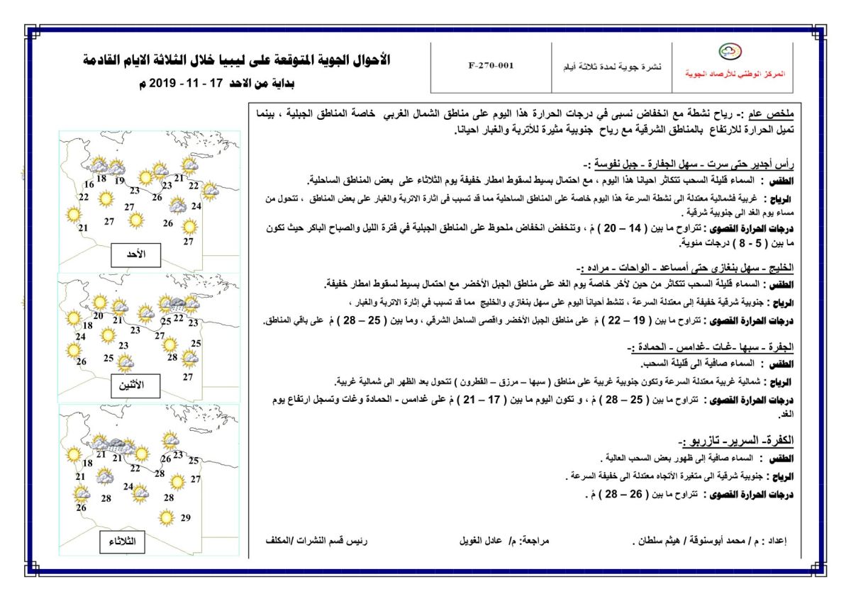 النشرة الجوية ليوم الأحد الموافق 17 – 11 – 2019 الصادرة عن المركز الوطني للأرصاد الجوية