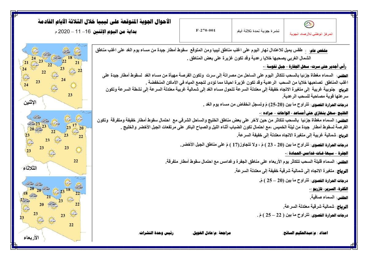 النشرة الجوية ليوم الاثنين الموافق 16 – 11 – 2020 الصادرة عن المركز الوطني للأرصاد الجوية