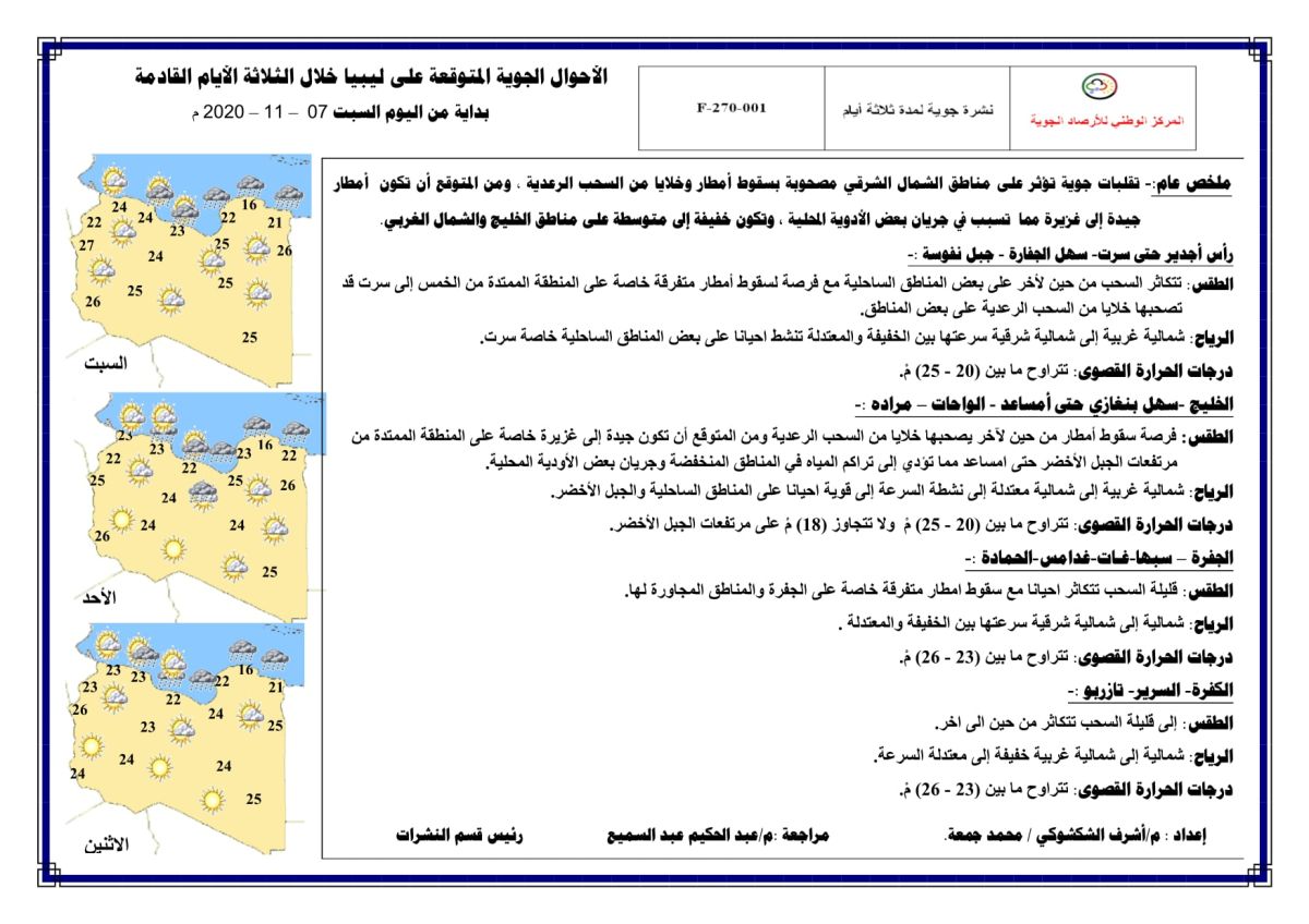 النشرة الجوية ليوم السبت الموافق 07 – 11 – 2020 الصادرة عن المركز الوطني للأرصاد الجوية