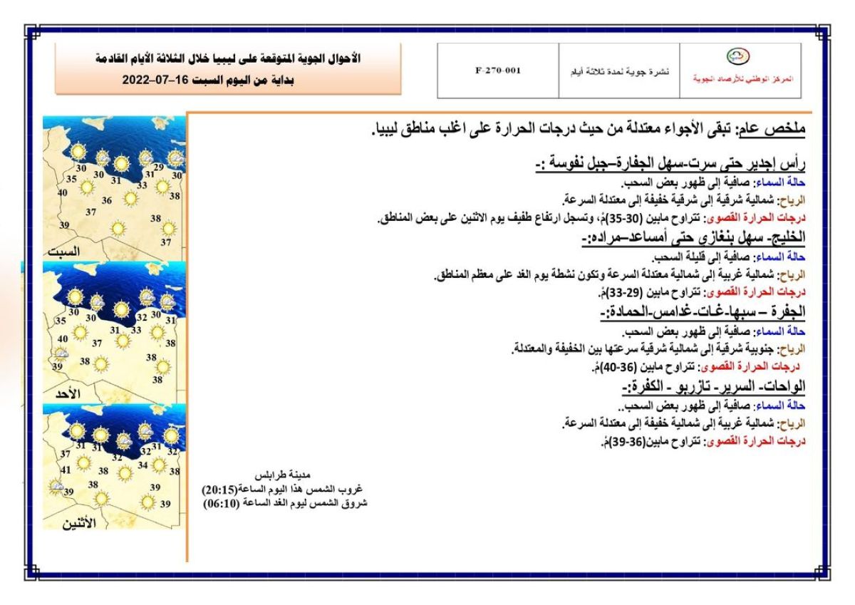 النشرة الجوية ليوم السبت الموافق 16– 07 – 2022 الصادرة عن المركز الوطني للأرصاد الجوية