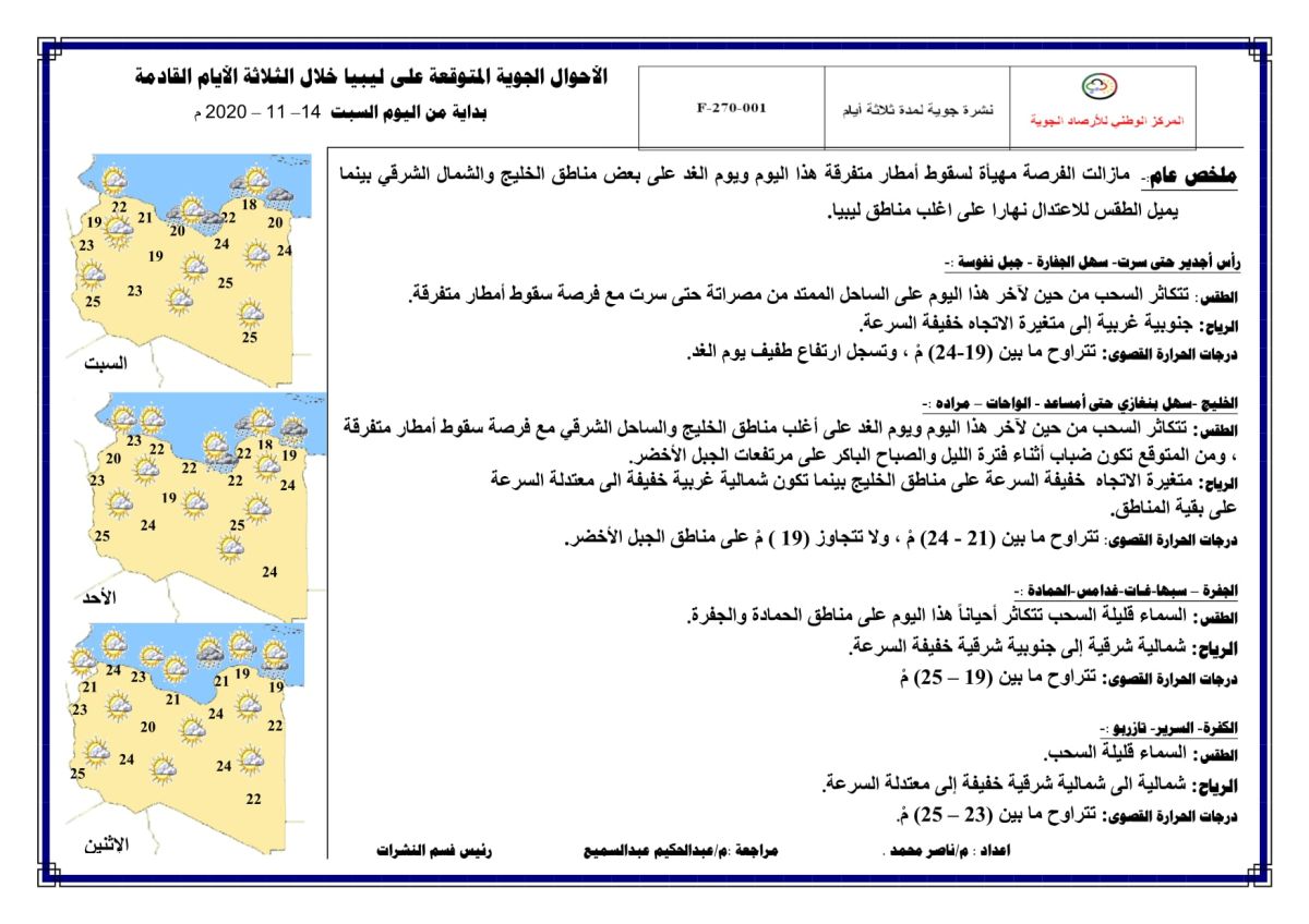 النشرة الجوية ليوم السبت الموافق 14 – 11 – 2020 الصادرة عن المركز الوطني للأرصاد الجوية