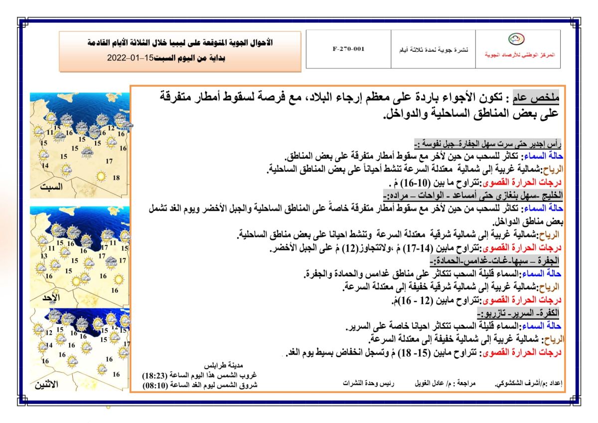 النشرة الجوية ليوم السبت الموافق 15 – 01 – 2022 الصادرة عن المركز الوطني للأرصاد الجوية