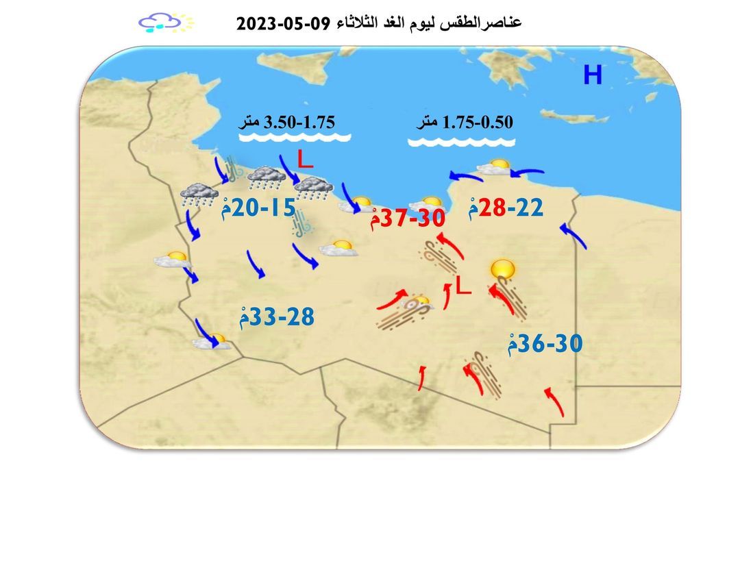 النشرة الجوية ليوم الاثنين الموافق 08 – 05 – 2023 الصادرة عن المركز الوطني للأرصاد الجوية