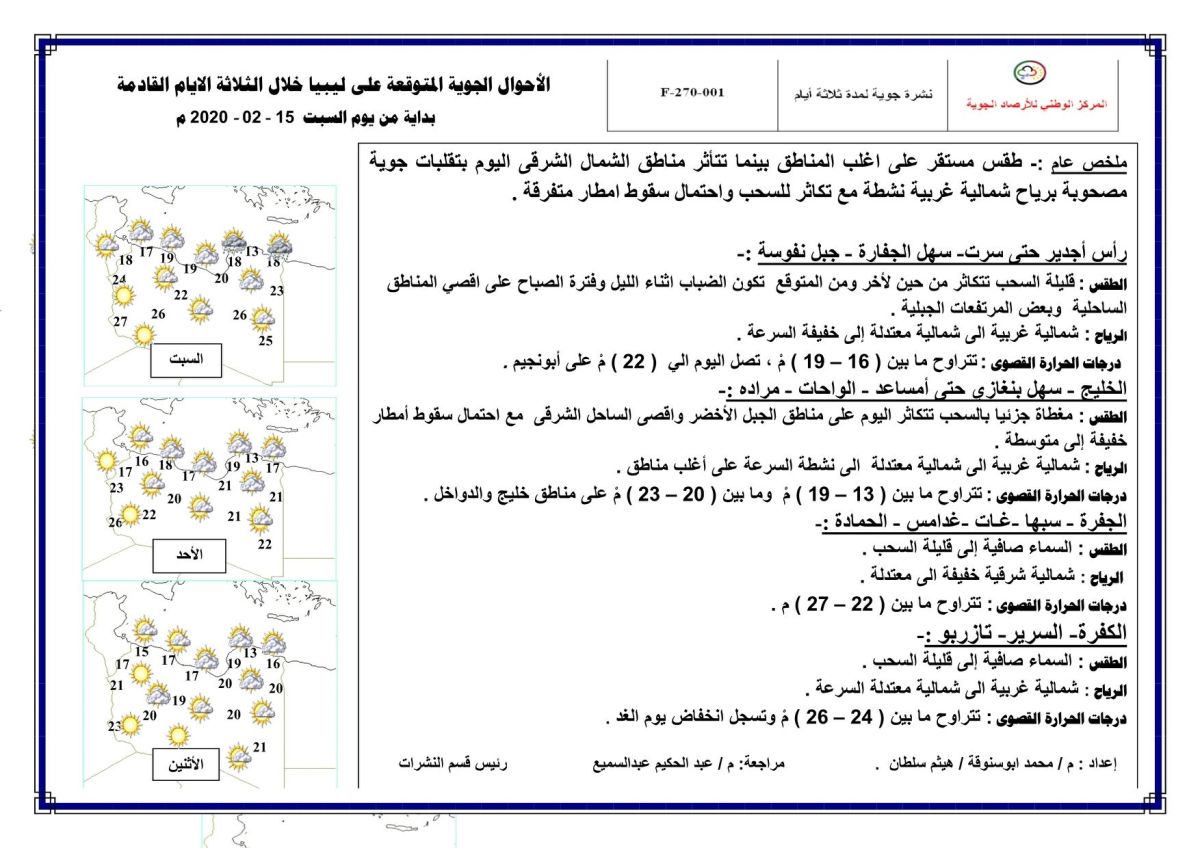 النشرة الجوية ليوم السبت الموافق 15 – 02 – 2020 الصادرة عن المركز الوطني للأرصاد الجوية