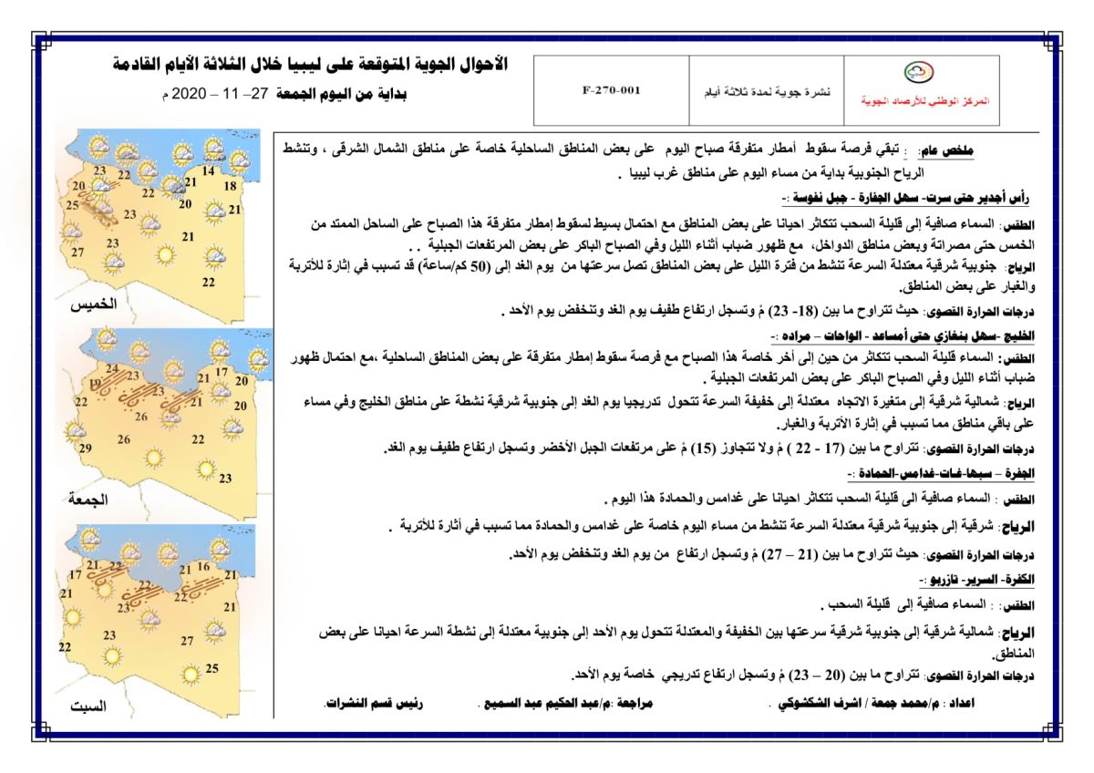 النشرة الجوية ليوم الجمعة الموافق 27 – 11 – 2020 الصادرة عن المركز الوطني للأرصاد الجوية