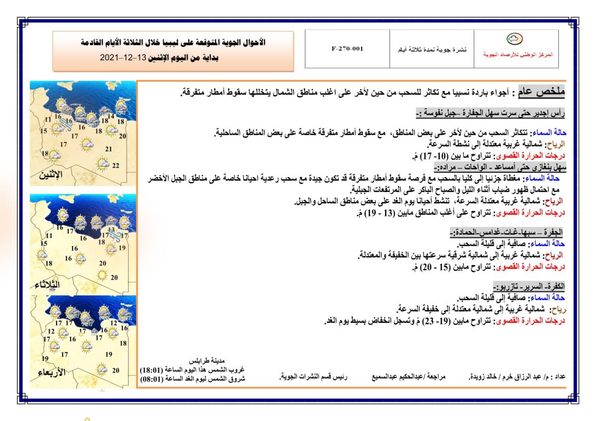 النشرة الجوية ليوم الاثنين الموافق 13 – 12 – 2021 الصادرة عن المركز الوطني للأرصاد الجوية