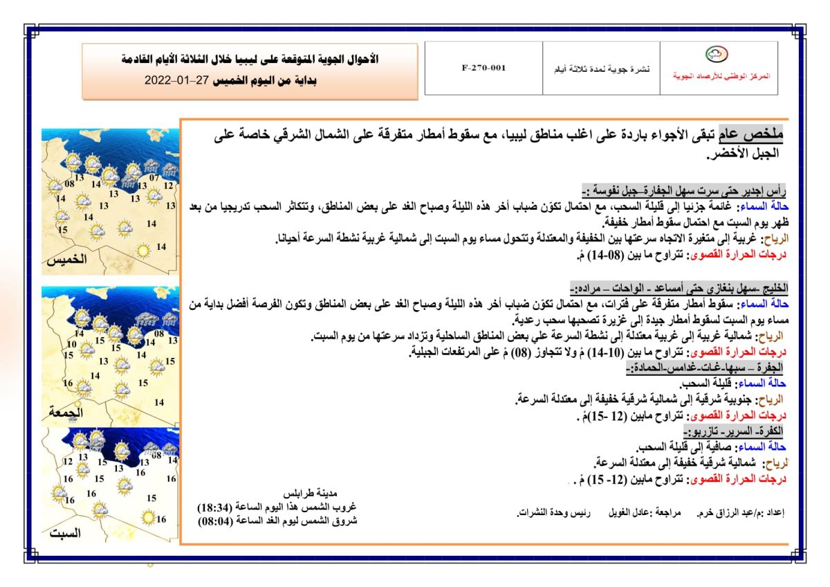 النشرة الجوية ليوم الخميس الموافق 27 – 01 – 2022 الصادرة عن المركز الوطني للأرصاد الجوية