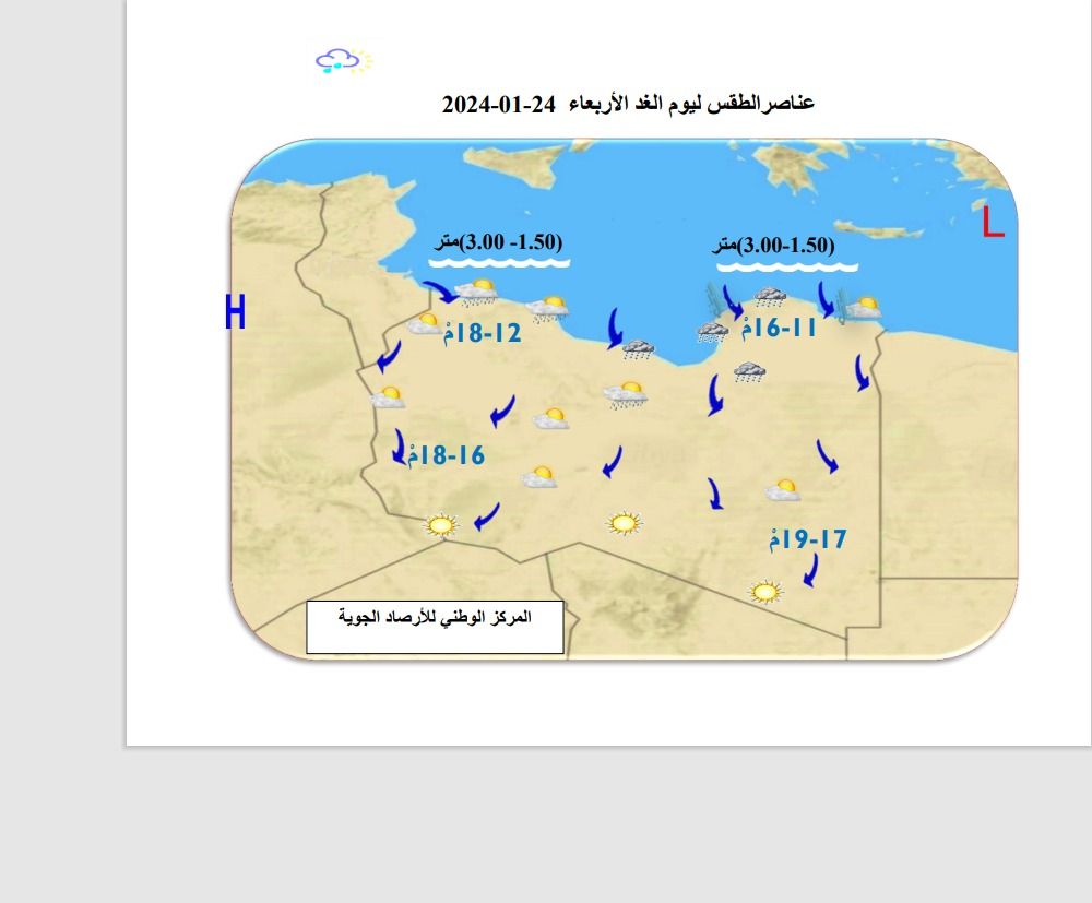 النشرة الجوية ليوم الثلاثاء الموافق 23– 01– 2024 الصادرة عن المركز الوطني للأرصاد الجوية