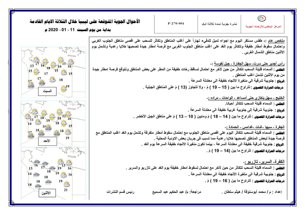 النشرة الجوية ليوم السبت الموافق 11 – 01 – 2020 الصادرة عن المركز الوطني للأرصاد الجوية