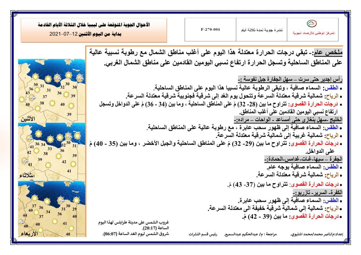 النشرة الجوية ليوم الاثنين الموافق 12 – 07 – 2021 الصادرة عن المركز الوطني للأرصاد الجوية