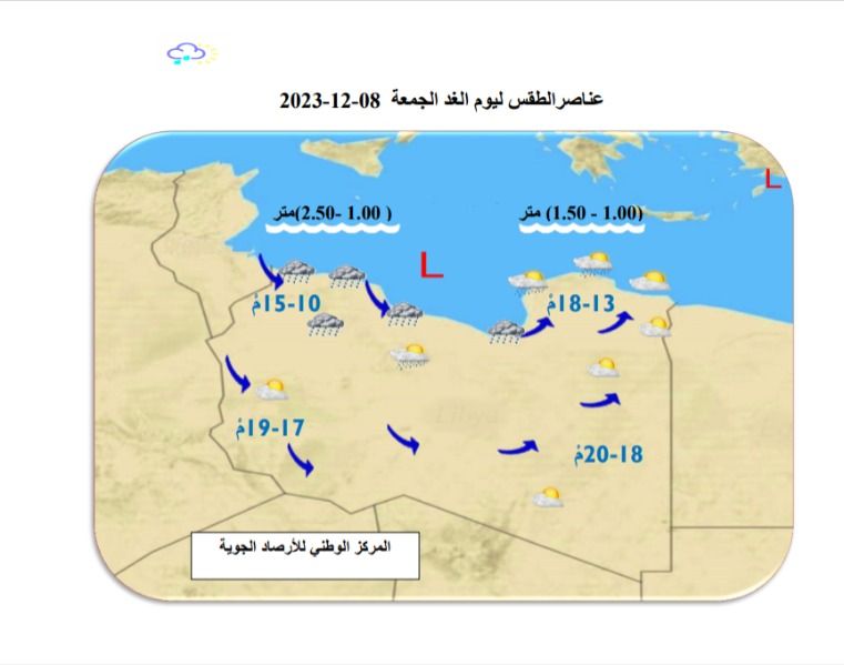 النشرة الجوية ليوم الجمعة الموافق 08– 12– 2023 الصادرة عن المركز الوطني للأرصاد الجوية