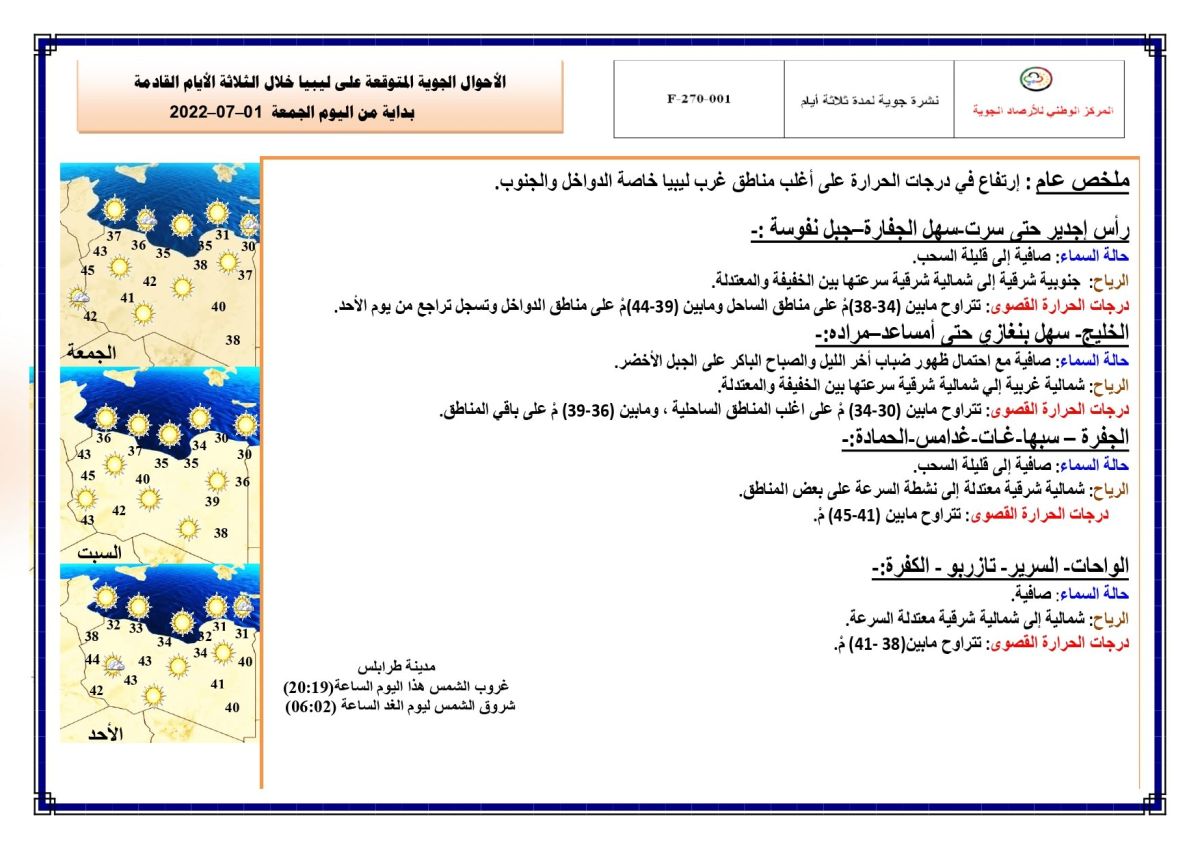 النشرة الجوية ليوم الجمعة الموافق 01– 07 – 2022 الصادرة عن المركز الوطني للأرصاد الجوية