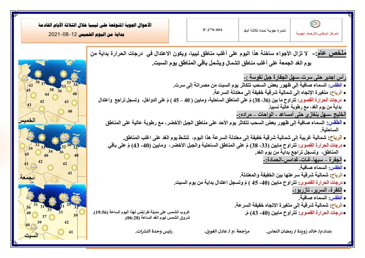 النشرة الجوية ليوم الخميس الموافق 12 – 08 – 2021 الصادرة عن المركز الوطني للأرصاد الجوية