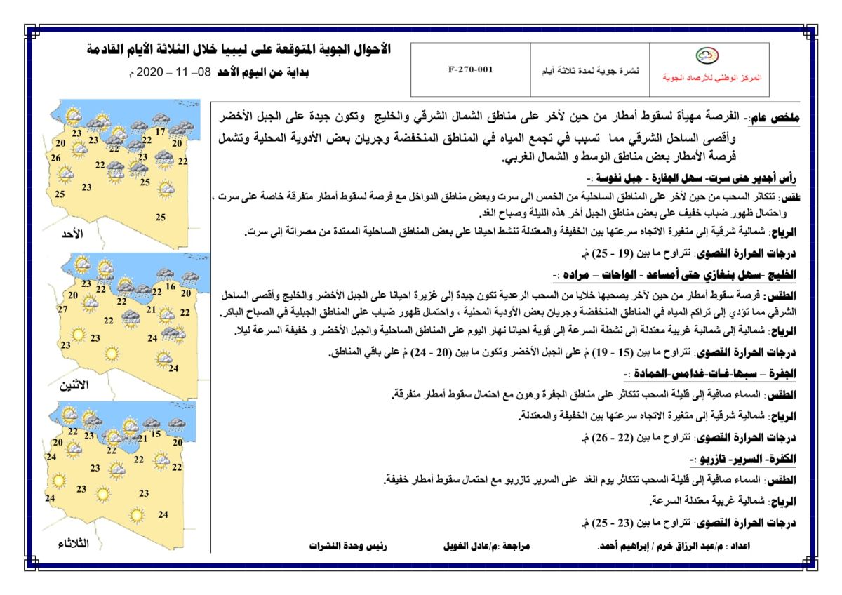 النشرة الجوية ليوم الأحد الموافق 08 – 11 – 2020 الصادرة عن المركز الوطني للأرصاد الجوية 1 النشرة الجوية ليوم الأحد الموافق 08 – 11 – 2020 الصادرة عن المركز الوطني للأرصاد الجوية