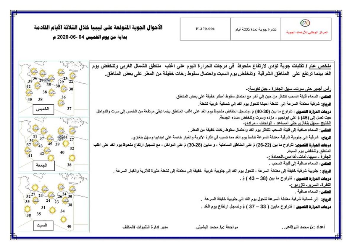 النشرة الجوية ليوم الخميس الموافق 04 – 06 – 2020 الصادرة عن المركز الوطني للأرصاد الجوية