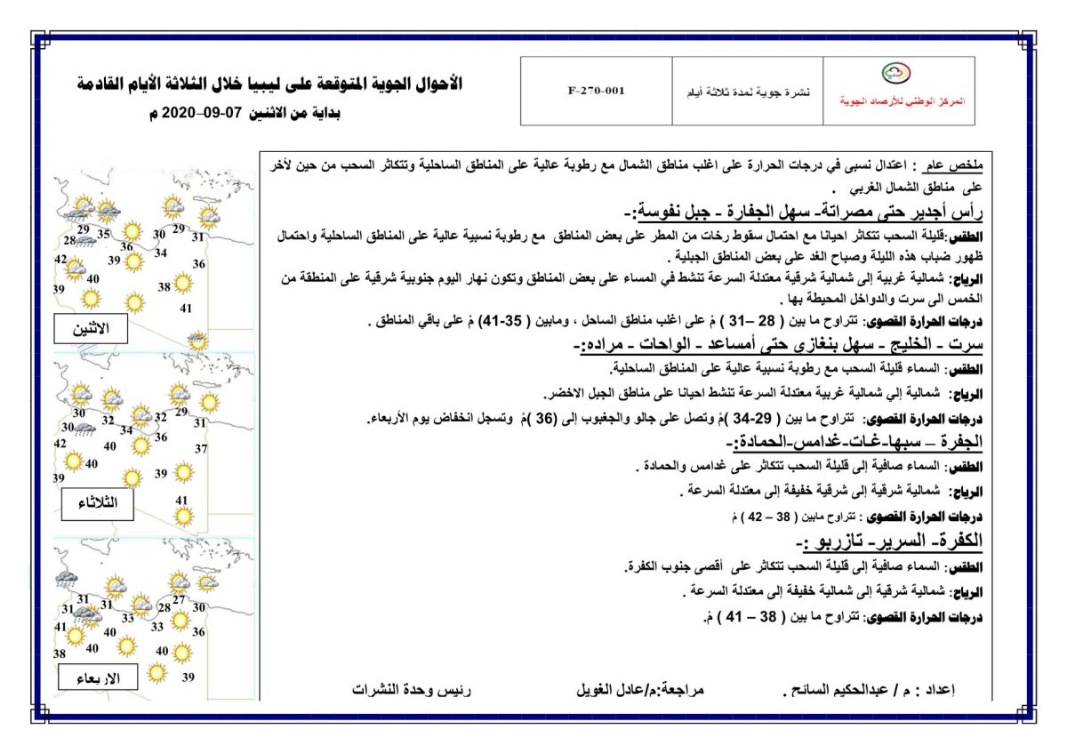 النشرة الجوية ليوم الاثنين الموافق 07 – 09 – 2020 الصادرة عن المركز الوطني للأرصاد الجوية