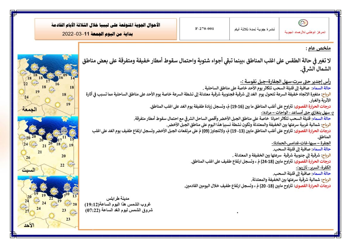 النشرة الجوية ليوم الجمعة الموافق 11 – 03 – 2022 الصادرة عن المركز الوطني للأرصاد الجوية