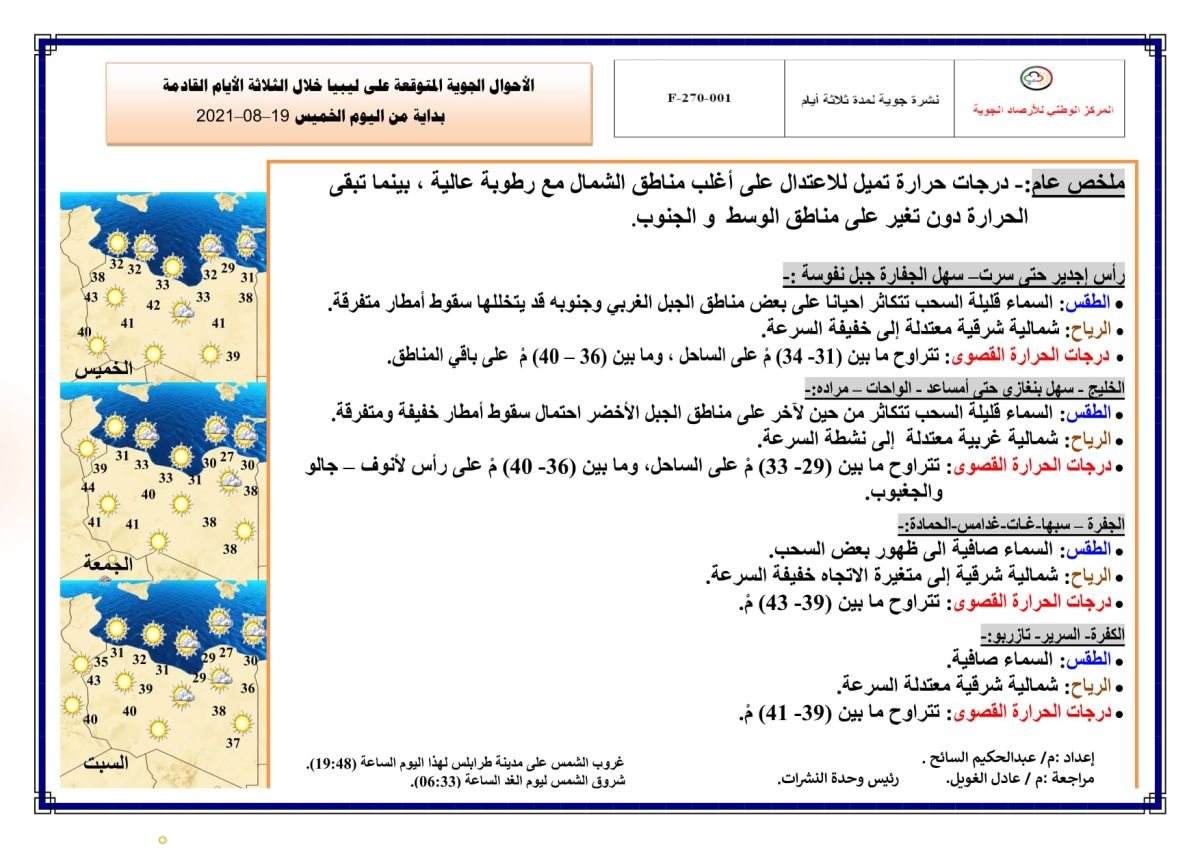 النشرة الجوية ليوم الخميس الموافق 19 – 08 – 2021 الصادرة عن المركز الوطني للأرصاد الجوية