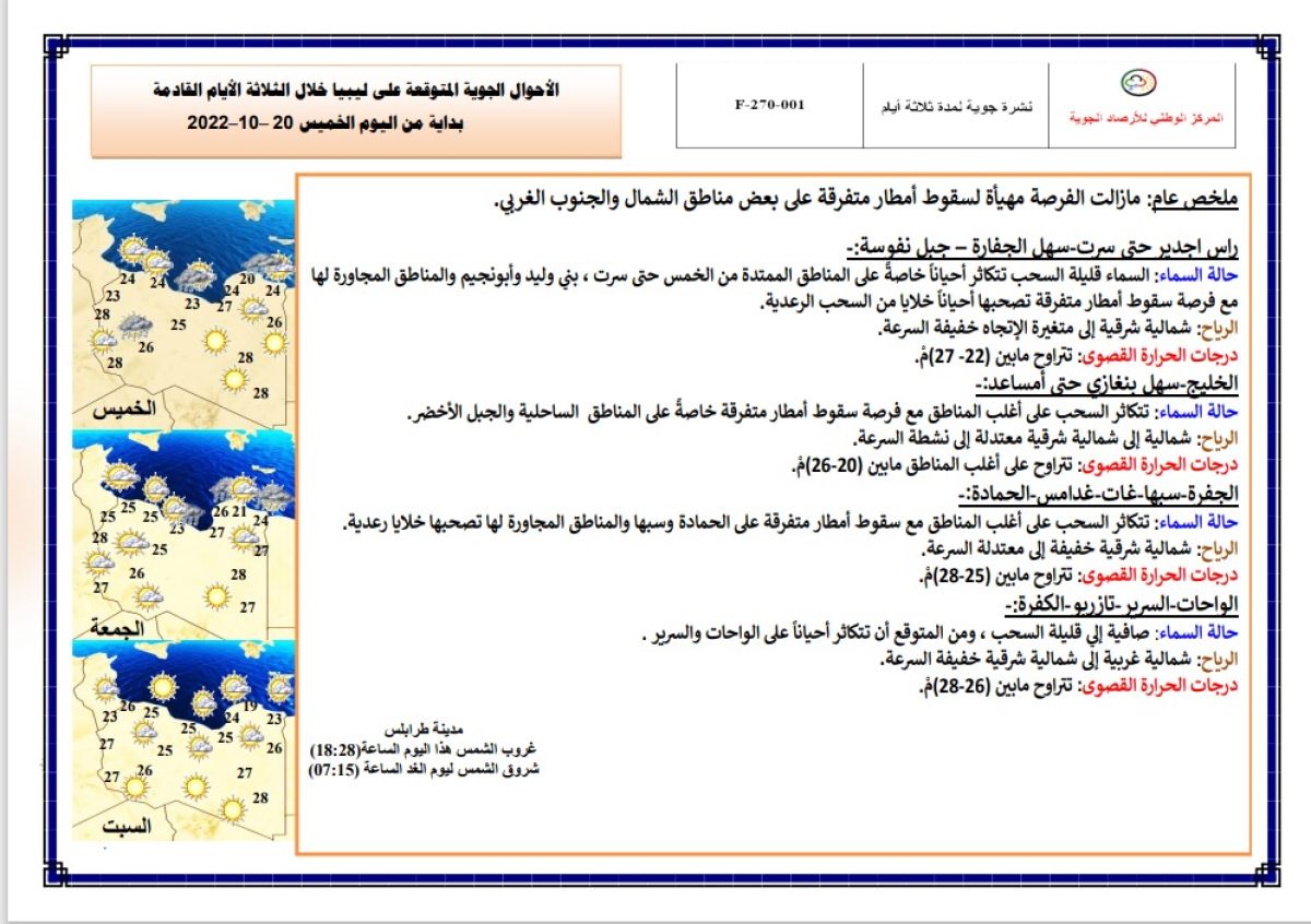 النشرة الجوية ليوم الخميس الموافق 20 – 10 – 2022 الصادرة عن المركز الوطني للأرصاد الجوية