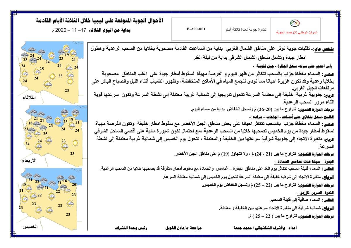 النشرة الجوية ليوم الثلاثاء الموافق 17 – 11 – 2020 الصادرة عن المركز الوطني للأرصاد الجوية